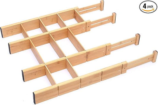 Adjustable 17-22in Bamboo Dividers Organizers with 9 Inserts, Expandable Spring Loaded Drawer Dividers for Kitchen, Dresser, Bedroom, Bathroom, Office, and Garage (4 Pack) by Unknown