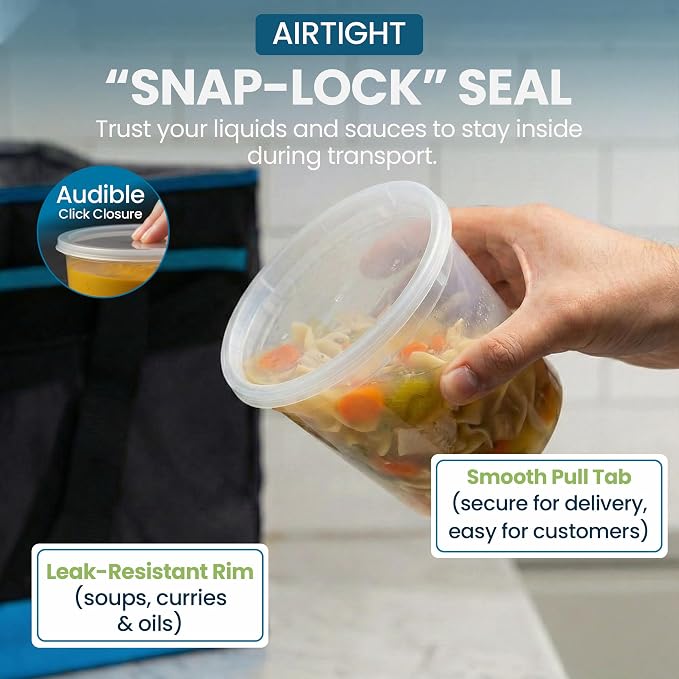 24oz Heavy Duty Deli Containers with Lids- Leak-Resistant Plastic Containers for Soups Sauces & Snacks- Microwave & Dishwasher Safe Stackable Food Containers for Deli, Catering & Takeout Use- 240 Pack - Image 8