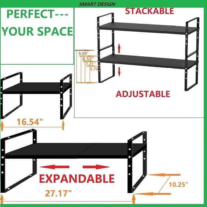Jojocross Expandable Stackable Spice Rack Cabinet Shelf Organizer in Cabinets Shelves Kitchen Cupboard Organization Stack up Racks Pantry Countertop Storage Large/Black 2 Packs - Image 5