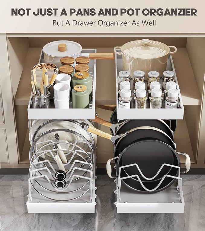 Lozovin Pull Out Pots and Pans Organizer Under Cabinet, Sliding Lid Holder and Pan Rack in Kitchen, Slide Out inside Cabinet Storage for Pot Lid, Bakeware, Dishes, 8 Adjustable Dividers, 1 Pack White - Image 5