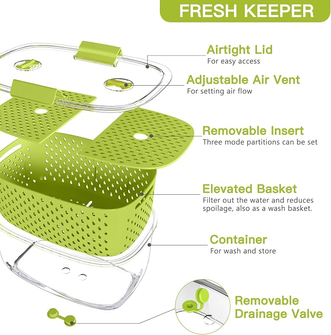 LUXEAR Fresh Produce Vegetable Fruit Storage Containers 3Piece Set, BPA-free Fridge Storage Container, Partitioned Salad Container, Fridge Organizers, Used in Storing Fruits Vegetables, Green - Image 6