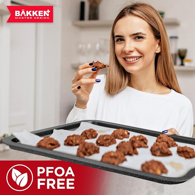 BAKKEN Kitchen Baking Pans - Nonstick Gray Coating, 13.18’’ × 8.66’’ Commercial Grade Carbon Steel Cookie Sheet, Baking Kitchen Essentials, PFOA, PFOS, PTFE Free, Oven Safe Tray (450° F), Gray Marble - Image 6