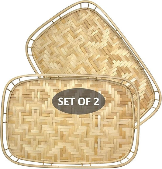 PEMAR Extra Large Bamboo Serving Trays with Handles, Set of 2 Measuring 19.3" x 13.8" Large Woven Dinner Tray, Rustic Wicker Rattan Tray Style for Eating, Bed Breakfast, Couch TV Lap Tray by PEMAR