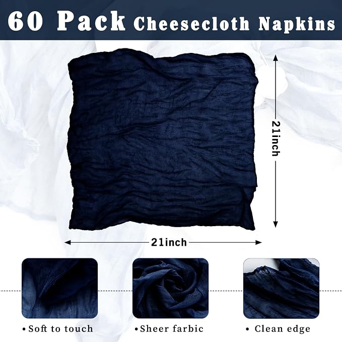 60 Pack Navy Blue Cheesecloth Napkins Washable Set of 60 Navy Blue Cloth Napkins 21x21 Inches Rustic Boho Cotton Gauze Dinner Table Napkins for Wedding Bridal Baby Shower Summer Party Table Decor - Image 3