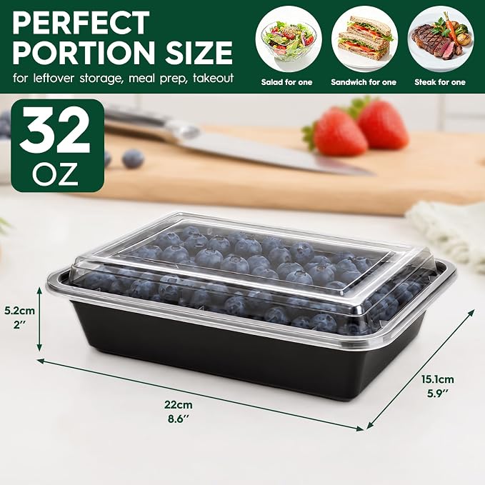 Glotoch Meal Prep Containers 32oz 50 Pack(100 Piece) with Lids, Plastic Food Storage Containers Reusable, Bento Boxes for Portion Control,Takeout, Lunch, Salad, Microwave/Freezer/Dishwasher safe - Image 5