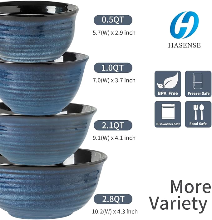 Hasense Mixing Bowls Set, Porcelain Large Salad Bowls for Cooking, Baking, Prepping, Serving, Blue Nesting Dishes for Housewarming Gift, Microwave Dishwasher Safe, 2.8/2.1/1.0/0.5 Qt - Image 2