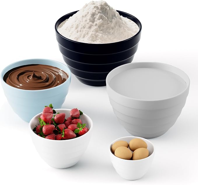 TP Mixing Bowls with Lids, 10-Piece Nesting Melamine Bowls Set for Prepping Serving Baking Cooking, Non Slip Bottom, Set of 5, Blue and White - Image 2