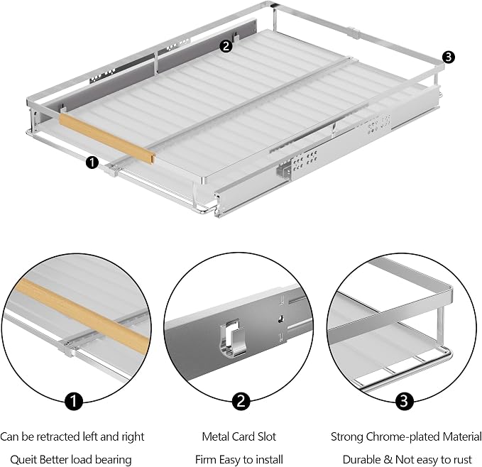 SANNO Pull Out Cabinet Organizer, Cabinet Shelf Kitchen Under Sink Shelf, Expandable Drawer Shelves with Sliding, Steel Metal Cabinet Drawers Slide Out, Chrome Finish - Image 6