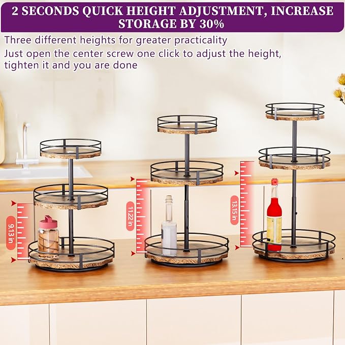 Heavy-Duty 3-Tier Lazy Susan Organizer, Adjustable to Different Heights, Countertop Spice Rack, Upgraded Thickened Wooden Board, Suitable for Seasoning Organizer, Kitchen Organization（2 Pack） - Image 3