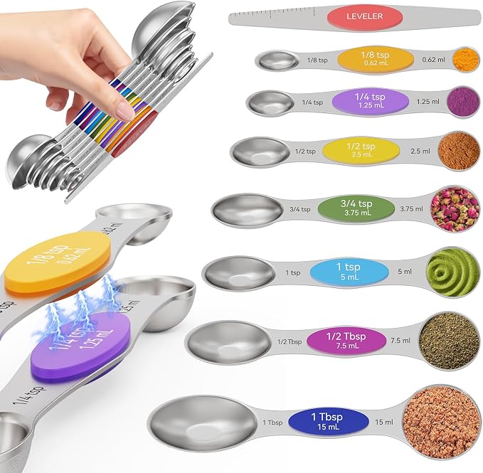 Magnetic Measuring Spoons Set with Measurement Markings | Colorful | Heavy duty 304 stainless steel spoons with strong N52 magnets & triple measurement markings for easy nesting & cleaning. by Abtrino