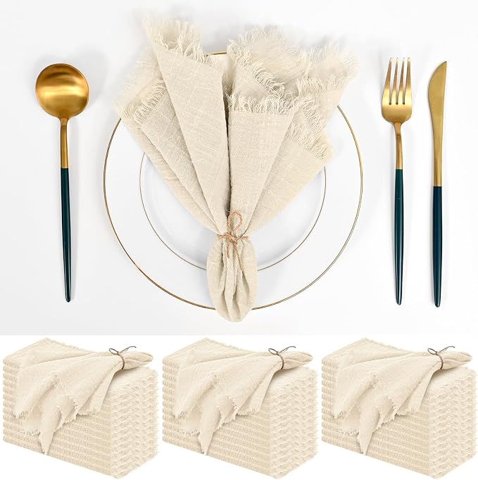 36 Pack Line Cloth Napkins, 16 x 16 Inch Cotton with Fringe Settings | Handmade washable reusable cotton dinner napkins in bulk for weddings, parties, rustic boho table settings by FXKS
