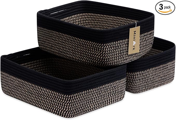 MiniArk Large Shallow Organizing Baskets 15x11x5.1 Inches - Rope Woven Storage Bins for Bathroom, Shelves, Cube Closet, Black Woven Brown 3 Packs by MiniArkStorageBasketsHome