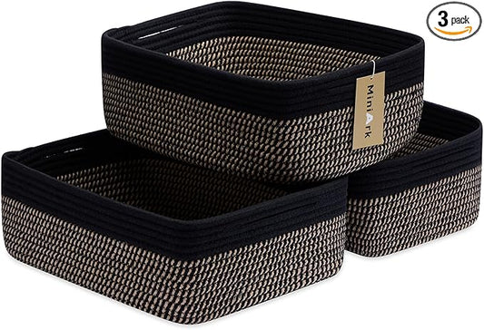MiniArk Large Shallow Organizing Baskets 15x11x5.1 Inches - Rope Woven Storage Bins for Bathroom, Shelves, Cube Closet, Black Woven Brown 3 Packs by MiniArkStorageBasketsHome