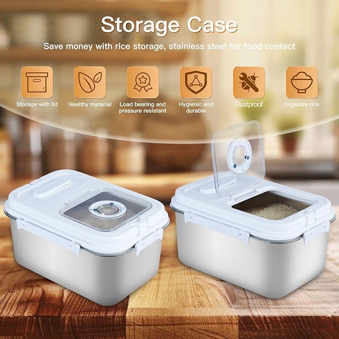 20Lbs Airtight Rice Container with Flip Lid, Stainless Steel Food Storage Container with Date Tracker, Measuring Cup and Spoon, 10L Portable Kitchen Pantry Bin for Flour Grain Sugar - Silver - Image 3
