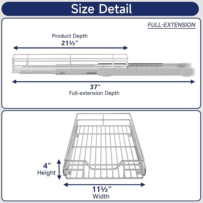 Pull Out Cabinet Organizer, 11.5" W x 21.5" D, Heavy Duty Chrome Slide Out Shelf for Narrow Base Cabinets, Sliding Wire Basket Drawer for Spices, Bottles, Snacks & Cleaning Supplies - Image 2
