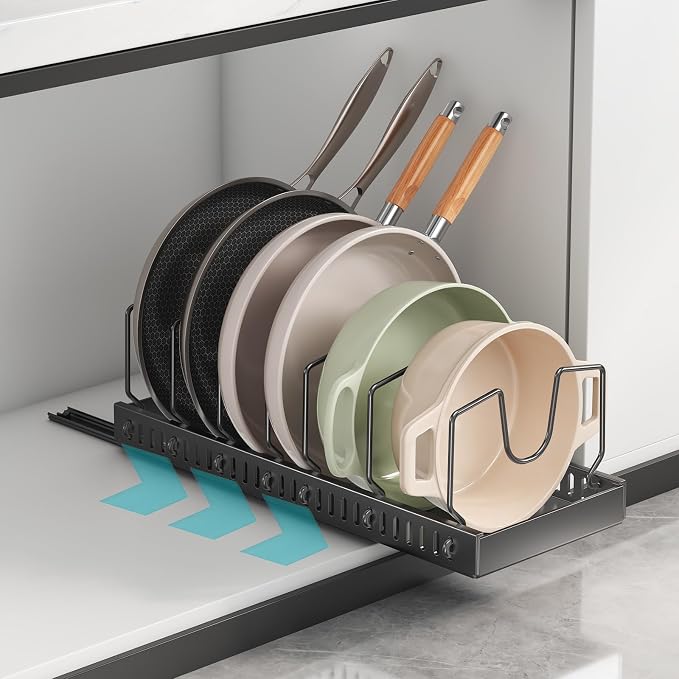Black Pull Out Pot Lid Organizer, Cabinet Pan Rack | 8 Dividers by WOSHEN