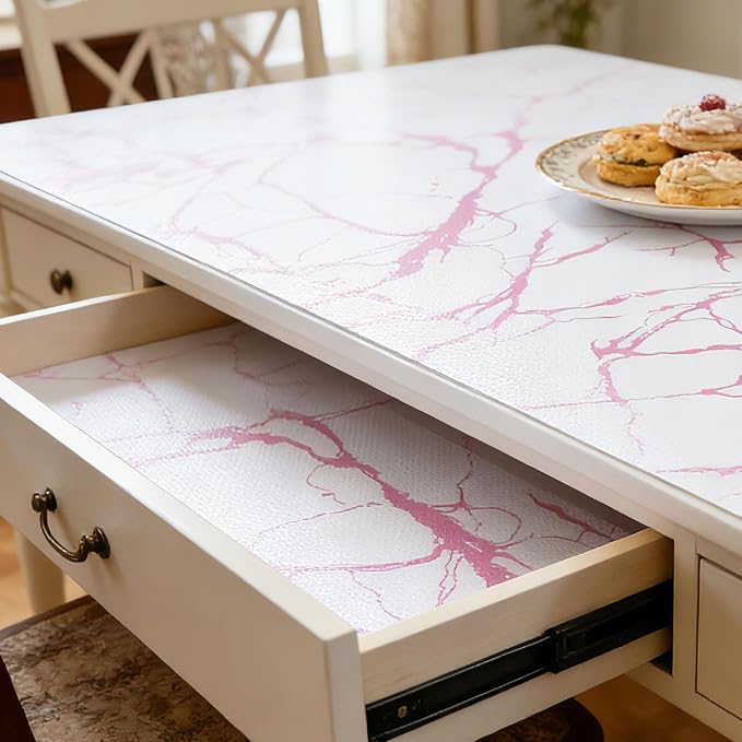 Pink Marble Pattern Shelf Liner, Non-Adhesive Non-Slip Thickened | Drawer Liner, Easy to Clean for Kitchen Cabinets, Tool Box, Refrigerator, Includes Knife & Tape Measure.17.3×236.2in - Image 3