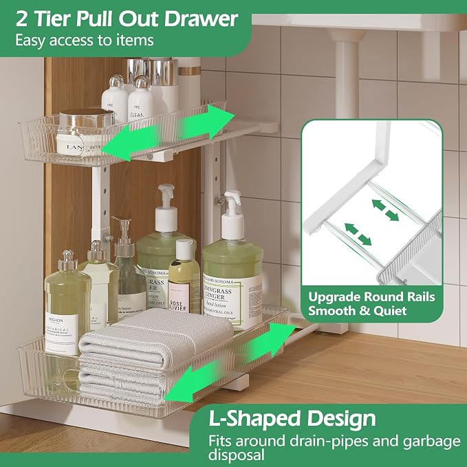 ADRIMER Under Sink Organizer 2 Packs, Pull Out Kitchen Sink Organizer, 2 Tier Slide Out Kitchen Organizers and Storage Bathroom Under Cabinet Storage Shelf, Transparent & White - Image 3