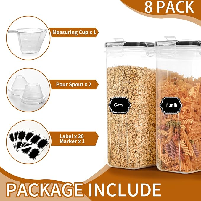 Cereal Containers Storage Set (4L / 135.2oz), 8PCS Airtight Food Storage Containers with Lids, Cereal Dispensers for Kitchen Pantry Organization and Storage with Pour Spout, 20 Labels, Marker - Image 3