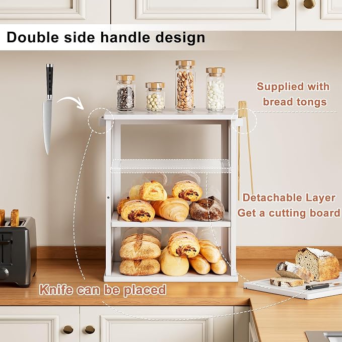 WOWLIVE Bread Box for Kitchen Countertop, 3 Layers Bread Storage Container | Large Bamboo Bread Bin for Homemade Bread with Window, Farmhouse Breadbox Organizer for Kitchen, Cabinet, White, Meduim - Image 5