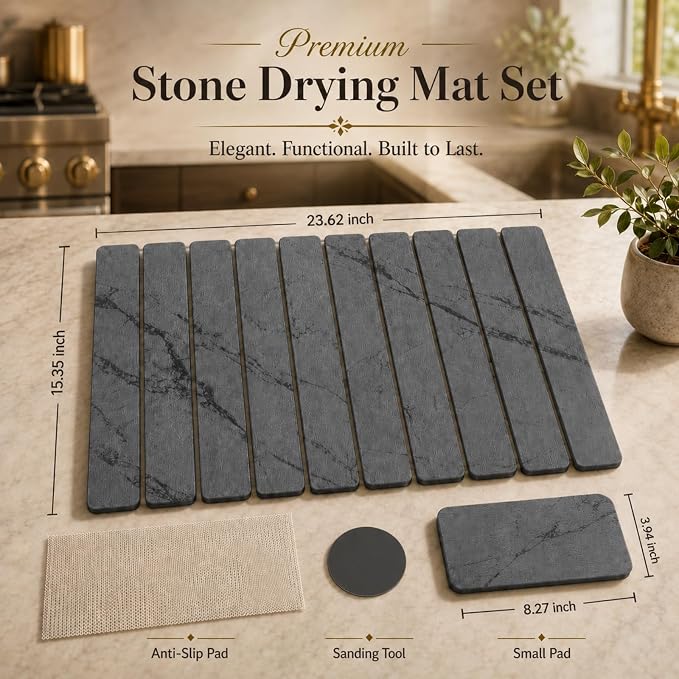 2 PCS Large Stone Dish Drying Mat for Kitchen Counter, 24" x 16" Diatomaceous Earth Dish Mat with 8" x 4" Coaster, Quick Dry Foldable Absorbent Mat for Dishes, Cups, Bottles (Dark Gray) - Image 2