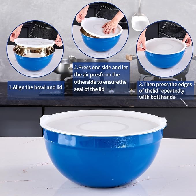 Blue Mixing Bowls With Airtight Lids,Stainless Steel Bowl,Salad Bowls 7 Piece Colorful Nesting Bowl Blue Kitchen Accessories,Size 7,3.6,2.7,2.1,1.5,1.1,0.8QT Stackable Design - Image 3