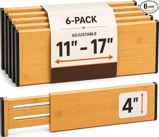 6-Pack Deep Drawer Dividers 4-Inch High Dresser Drawer Organizer, Bamboo | Adjustable 11.5-17 Inch Spring-Loaded Separators for Clothes, Utensils, Socks, Bedroom, Bathroom, Kitchen, Office, No Tools by Bamb%C3%BCsi