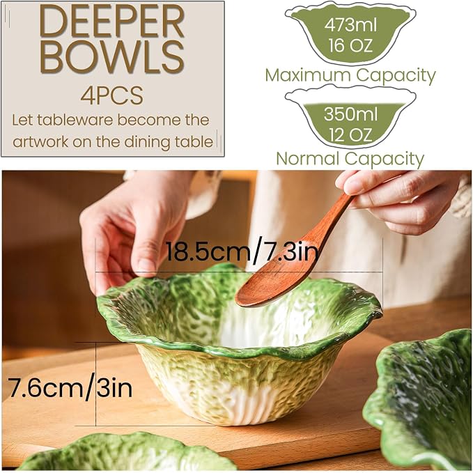 KXZ Green Ramen Noodle Bowls Microwavable 7 Inch, 16 Oz Ceramic Dinner Bowl Sets of 4 for Kitchen, Orcelain Silverware Set for Cereal, Soup, Serving, Rice, Pho, Salad, Pasta, Chip, Fruits, Vintage - Image 2