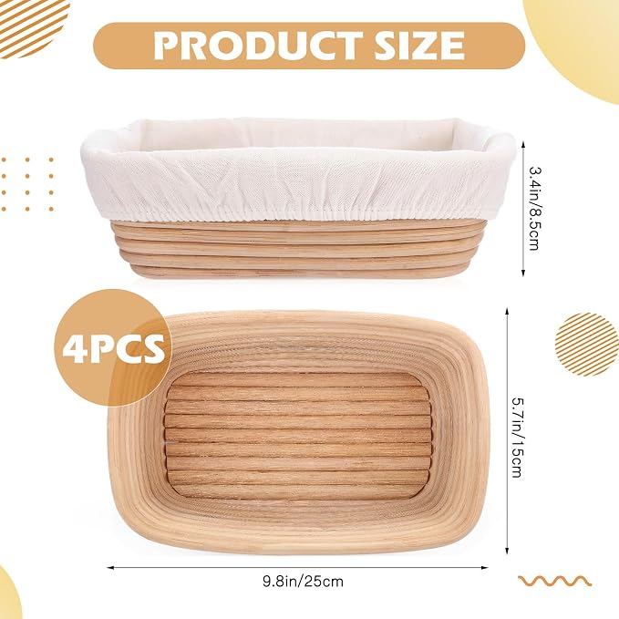 Nuogo 4 Pieces 10 Inch Bread Banneton Proofing Basket Rattan Banneton Dough Proofing Bowls with Liners and Scatters for Home Sourdough Baking (Rectangle) - Image 4