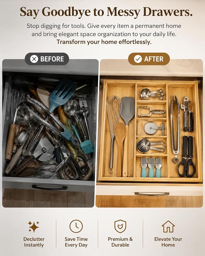 Expandable Bamboo Silverware Drawer Organizer – Adjustable 29" Wide Wooden Utensil Tray with 9-Compartments, Large Kitchen Flatware & Spoon Holder, Natural Solid Wood for Drawers - Image 5