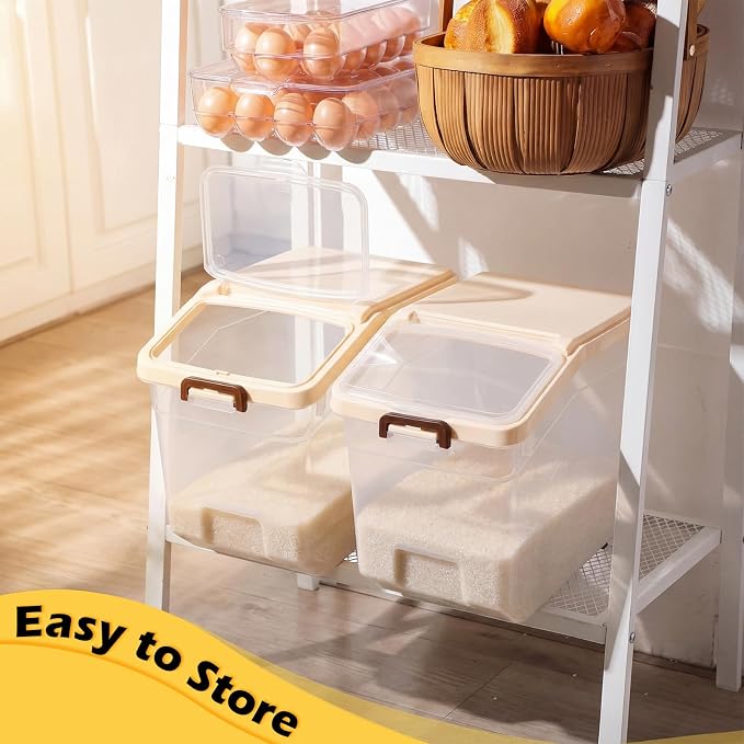 4 Pcs Rice Storage Containers Bulk Flour Sugar Container Wheels Measuring Cups Set Airtight Pet Dog Cat Birds Food Bin Grain Cereal Organizer Box for Dry Baking (Beige,38 lb) - Image 7
