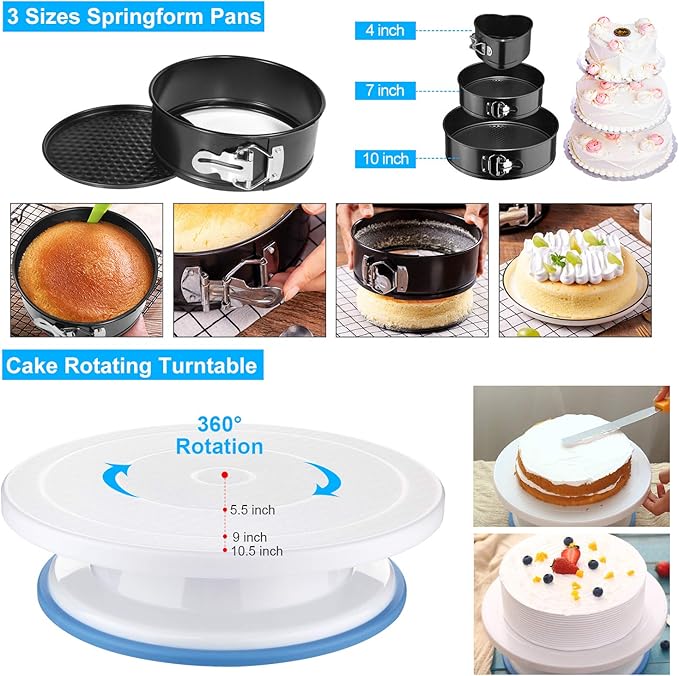 Cake Decorating Supplies, 493 PCS Cake Decorating Kit Cake Pans | 3 Packs Springform Cake Pans, Cake Rotating Turntable,48 Piping Icing Tips,7 Russian Nozzles, Baking Supplies, Multicolor - Image 2