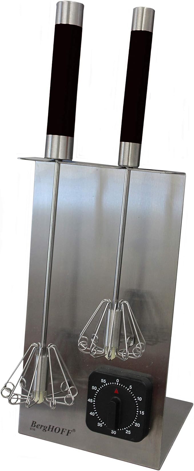 Berghoff 3Pc Stainless Steel Whisk Set with Stand & Built in Timer | Metal Kitchen Whisks for Mixing, Ergonomic Handle, Corrosion Resistant Countertop Whisk Storage Stand, Silver & Black by BergHOFF