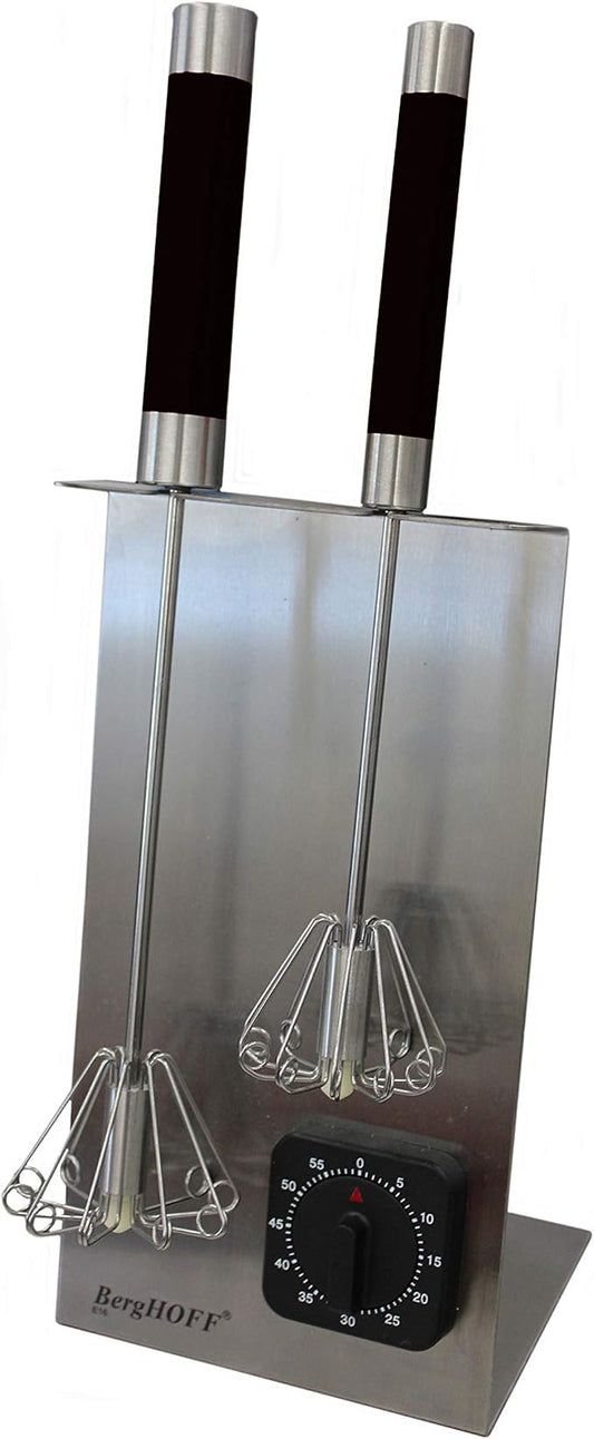 Berghoff 3Pc Stainless Steel Whisk Set with Stand & Built in Timer | Metal Kitchen Whisks for Mixing, Ergonomic Handle, Corrosion Resistant Countertop Whisk Storage Stand, Silver & Black by BergHOFF