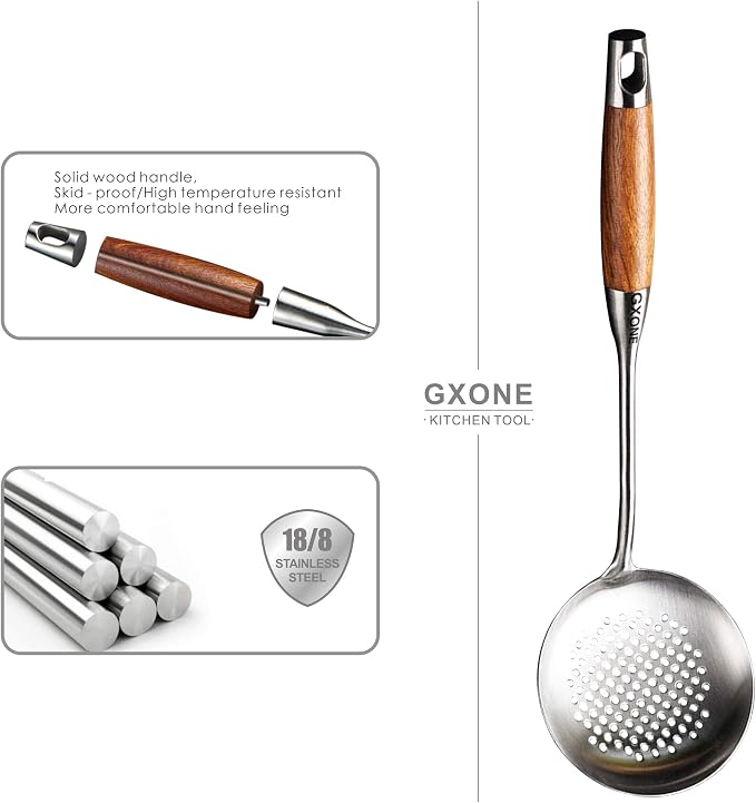 Slotted Spoon,Strainer Skimmer Ladle for Cooking and Frying,15.8Inch | 304 Stainless Steel,Wooden handle,Strainer Skimmer Ladle,Strainer Pasta Spoon,For Kitchen Cooking - Image 3