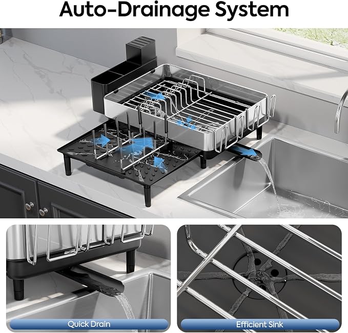 Urackify Expandable Dish Drying Rack, Stainless Steel, Large Capacity | Multifunctional Drainboard for Kitchen Countertop, Removable Cutlery Tray, Foldable Cup Holder, 20.4"L x 20"W, Silver - Image 3