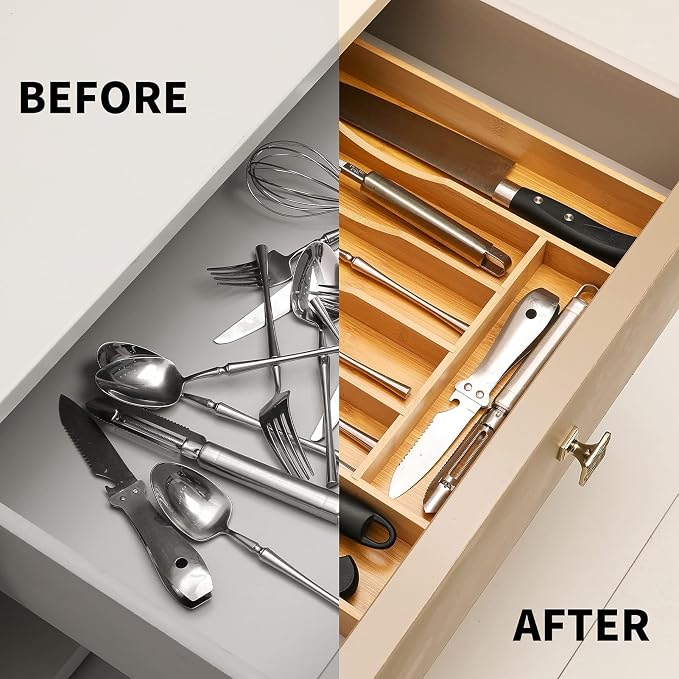 2-Piece Bamboo Silverware Organizer, Expandable Kitchen Drawer Organizer for Cutlery and Utensils, Multifunction Adjustable Bamboo Wood Cutlery Tray in Drawer for Flatware, (Natural) - Image 4