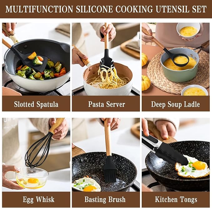 Silicone Kitchen Spatula and Utensils Spoon Set Cooking + Baking Set- 12 Pcs Non-Stick with Wooden Handle-BPA Free,Heat Resistant Item,Flexible Non Toxic Silicon Cookware Tools (Black) - Image 8