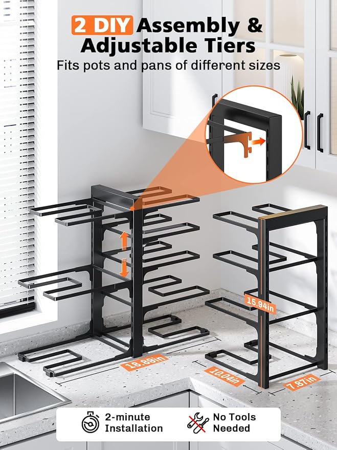 MUDEELA Pan Organizer Rack for Cabinet with 3 DIY Methods and 8-Tier Adjustable Heavy Duty Pan Organizer Rack for Cabinet Bundle - Image 8