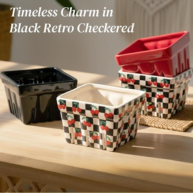Ceramic Berry Baskets Set of 4, Checkered Fruit Colanders | Black and white checkered with red cherry pattern, stoneware, dishwasher safe, drains and stores berries, farmhouse kitchen - Image 6
