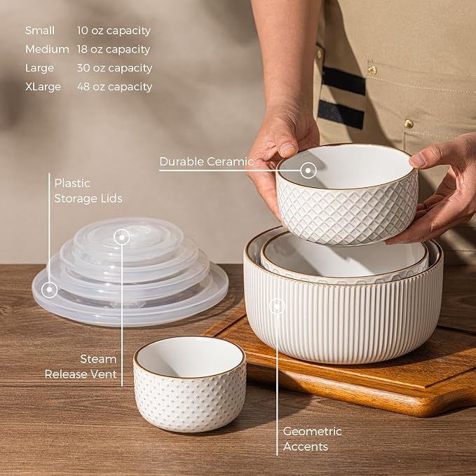 GBhome Ceramic Mixing Bowls Set of 4, Stoneware Nesting Serving Bowls | 48/30/18/10 oz For Prep, Baking, Serving, Gift, Microwave and Dishwasher Safe, Embossed Dishware Collection-Off White - Image 5
