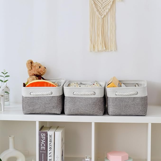 Storage Bins for Shelves - 13.8L×9.8W×6.7H inch 3 Pack Medium Collapsible Storage Baskets for Organizing | Fabric Storage Cubes for Linen Closet Toy Home (White&Grey) - Image 2