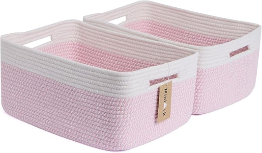 MiniArk Large Storage Baskets for Shelves, 17 x 13 x 7.5” Closet Organizers Bins for Clothes Blanket Towels, Baby Nursery, Toy Baskets Box, Woven Rope Baskets, 2 Packs Woven Pink by MiniArkStorageBasketsHome