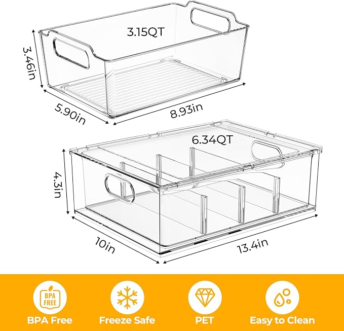 Refrigerator Organizer Bins with Pull-out Drawer 6 Pack Stackable Clear Fridge Drawer Organizer Fruit Vegetable Storage Containers for Kitchen Pantry Organization (2 Large+4 Medium) - Image 2
