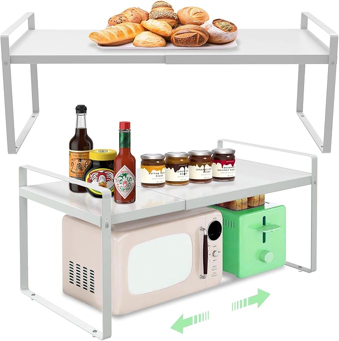 Expandable Cabinet Shelf Organizer for Kitchen 11", White (2 Pack) | Expandable 14-25" Metal Countertop Organizer for Kitchen, , Fits Pantry, Over Sink, Spices, Microwave & Dishes by KOMOHOM