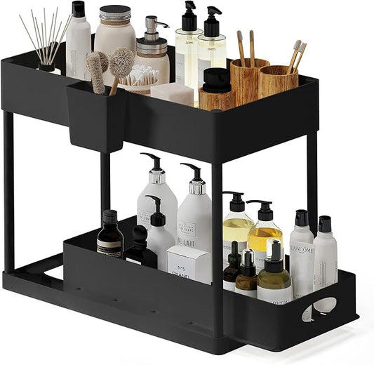 Under Sink Organizers and Storage, Bathroom Cabinet Organizer, Sink Shelf with Utility Hooks and Side Caddy for Under Cabinet Storage | Under Kitchen Sink Organizer with Sliding Drawer, Black (1-Pack) by STORAGEBUD
