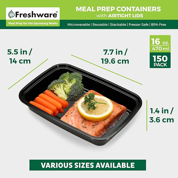 Freshware Meal Prep Containers [150 Pack] 1 Compartment with Lids, Food Storage Containers, Bento Box, BPA Free, Stackable, Microwave/Dishwasher/Freezer Safe (16 oz),Black - Image 4