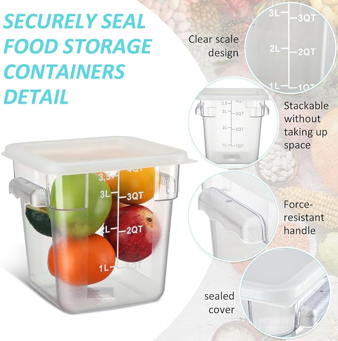 Yungyan 12 Pcs 4 Qt Commercial Food Storage Containers with Lids Restaurant Square Airtight Food Storage Containers Clear Cereal Container for Kitchen Freezer Dishwasher Pantry (White Lid) - Image 3