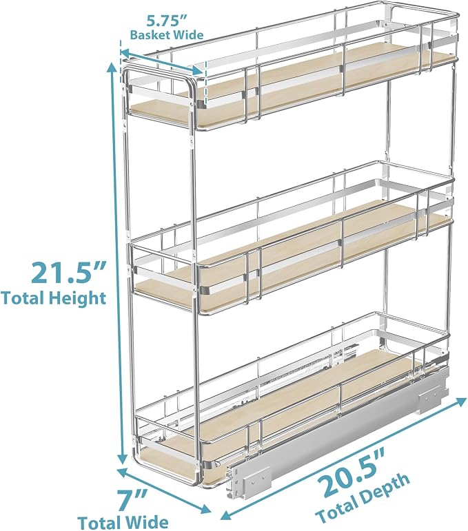 Pull Out Spice Rack Cabinet Organizer 7" W x 20½" D, 3 Tier Heavy Duty Slide Out Wood Shelf for Narrow Cabinet, Pull Out Storage for Kitchen - Image 3