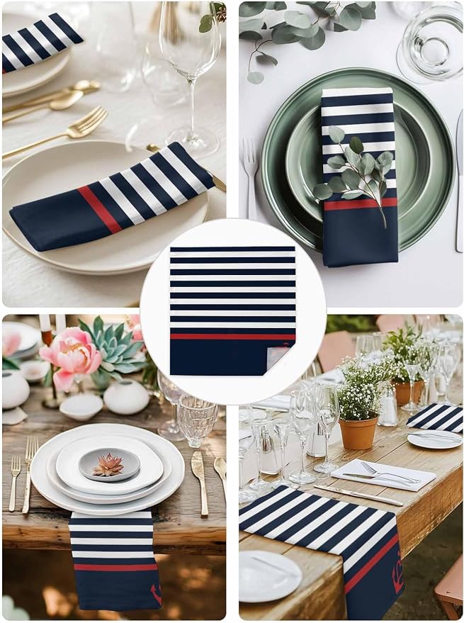 Navy Blue Striped Cloth Napkins Set of 4, Red Anchor Summer Seaside Dinner Napkins Cloth Washable, Cocktail Napkins Reusable for Wedding, Party, Birthday (20"x20") - Image 9